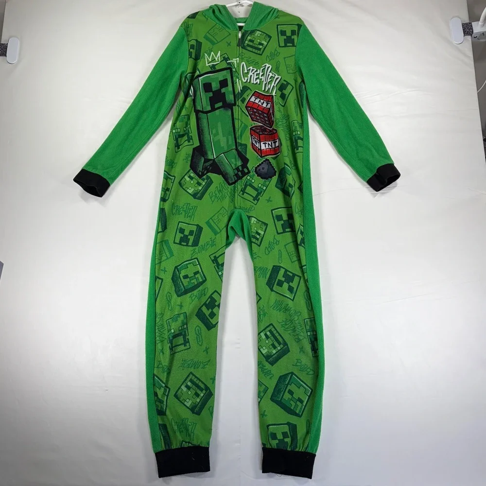 Minecraft Creeper Kids Hooded Fleece Union Suit Green Pajamas Size 10